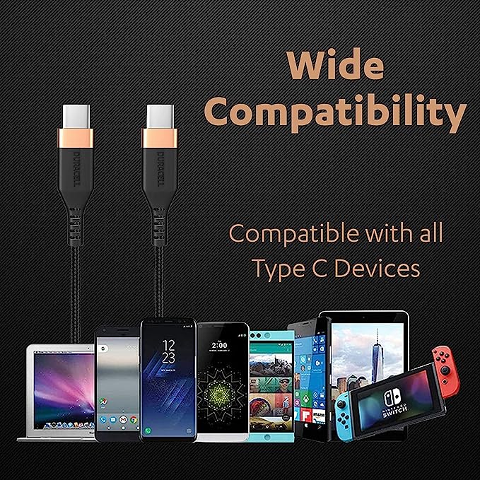 Duracell USB Type C To Type C 5A (100W) Braided Sync & Fast Charging Cable, Compatible With Mobile, Laptop, Tablets & MacBook, 3.9 Feet (1.2M), Supports PD & QC 3.0 Charging, 5 GBPS Data Transmission Duracell USB Type C To Type C 5A (100W) Braided Sync & Fast Charging Cable, Compatible With Mobile, Laptop, Tablets & MacBook, 3.9 Feet (1.2M), Supports PD & QC 3.0 Charging, 5 GBPS Data Transmission